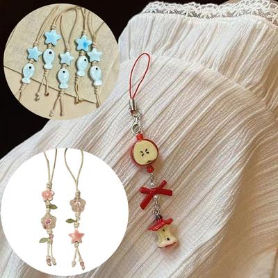 1XCute Star Flower Mobile Phone Strap Kawaii Ceramic Beaded Mobile Phone Lanyard Bag Decoration Camera Pendant Fashion Keychain
