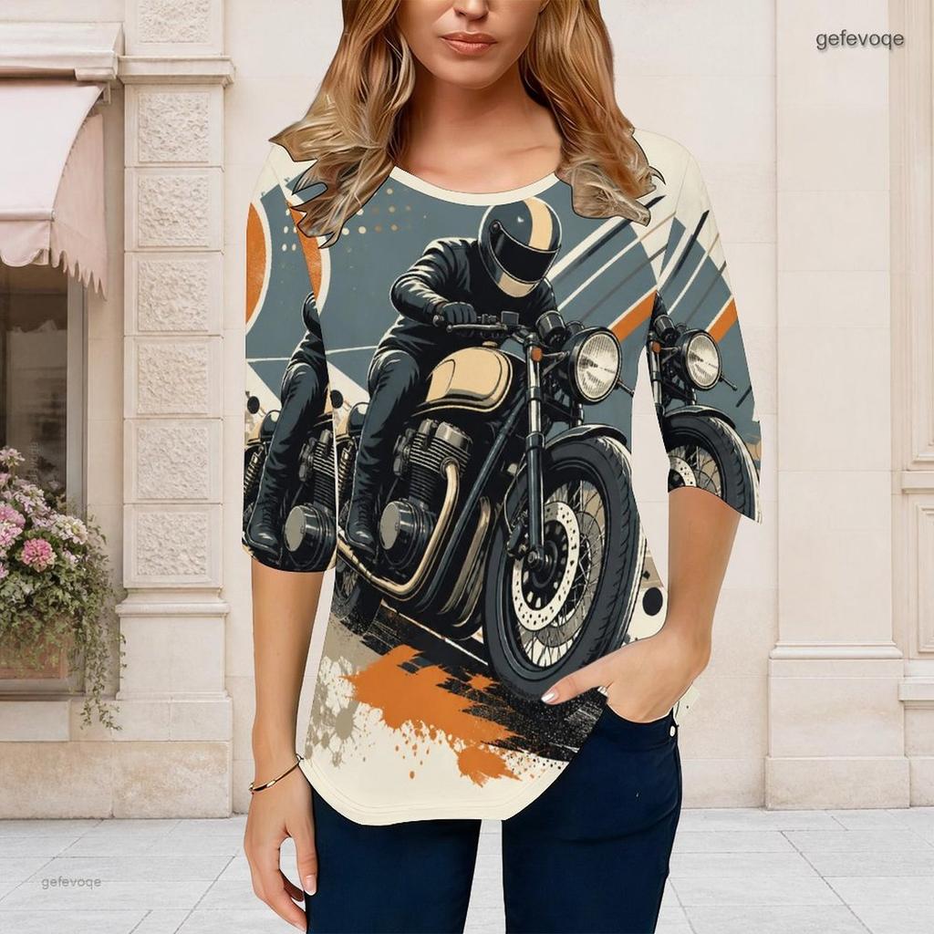 Women Plus Size Round Neck 3 4 Sleeve T Shirt Cartoon Construction Vehicle Printed Curved Hem Top