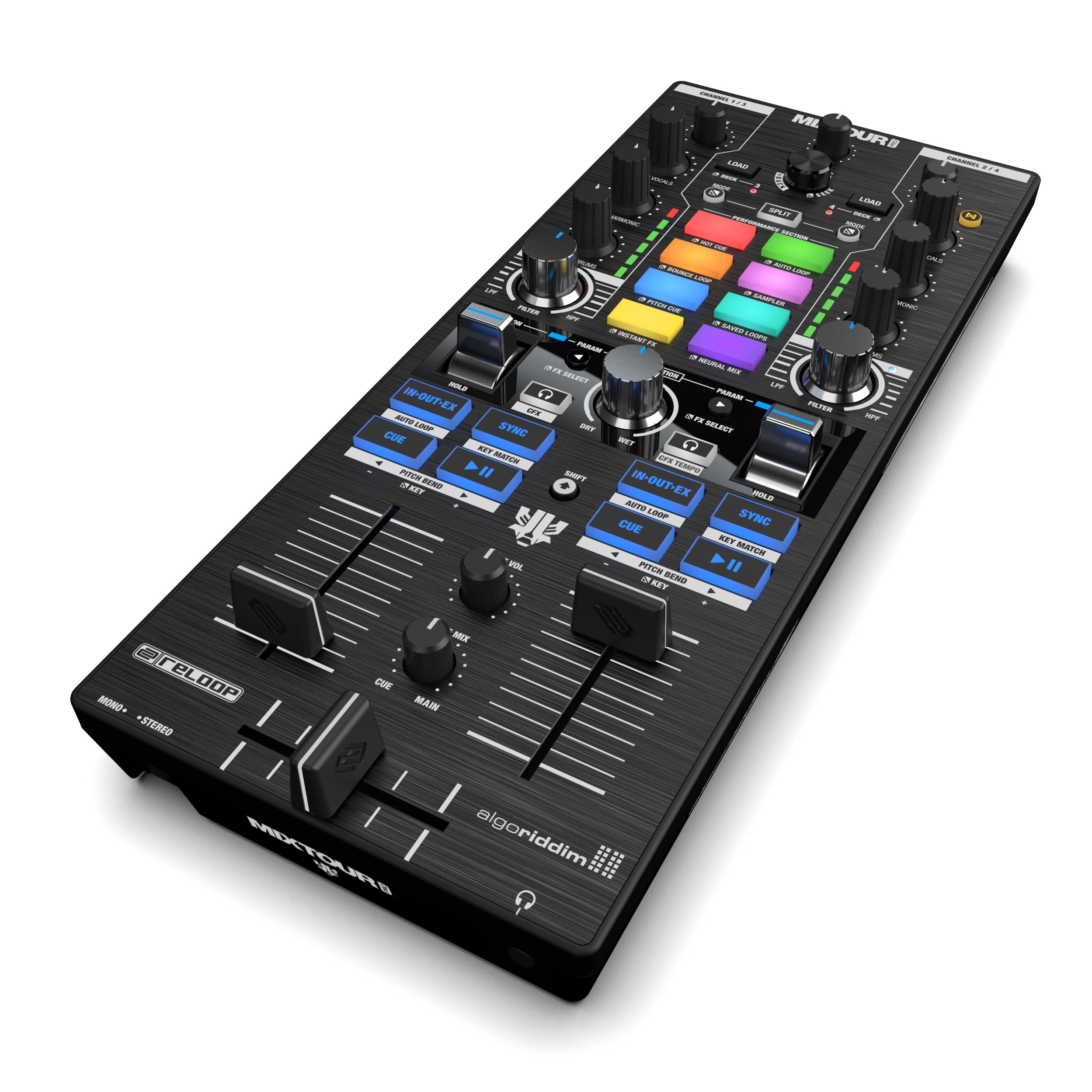 

Reloop Mixtour Pro High quality, ultra-portable, all-in-one 4-deck DJ controller with audio interface