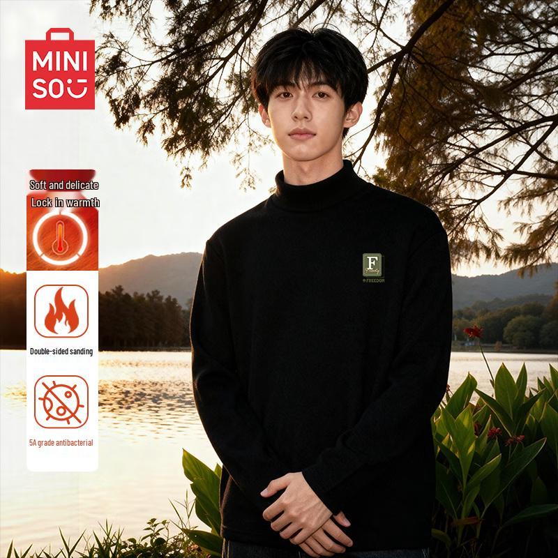 

MINISO Men s Fleece Lined Mock Neck Long Sleeve T-Shirt L