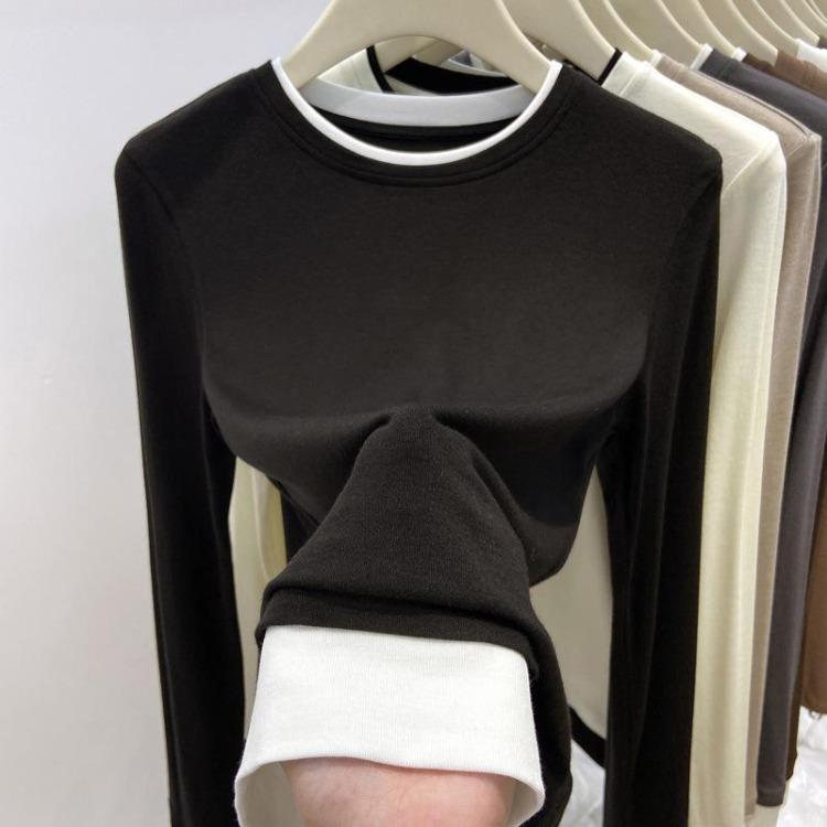 High Elastic Long Sleeved T Shirt for Women Contrasting Layered Fake Two Piece Style Bottoming Shirt Autumn Winter