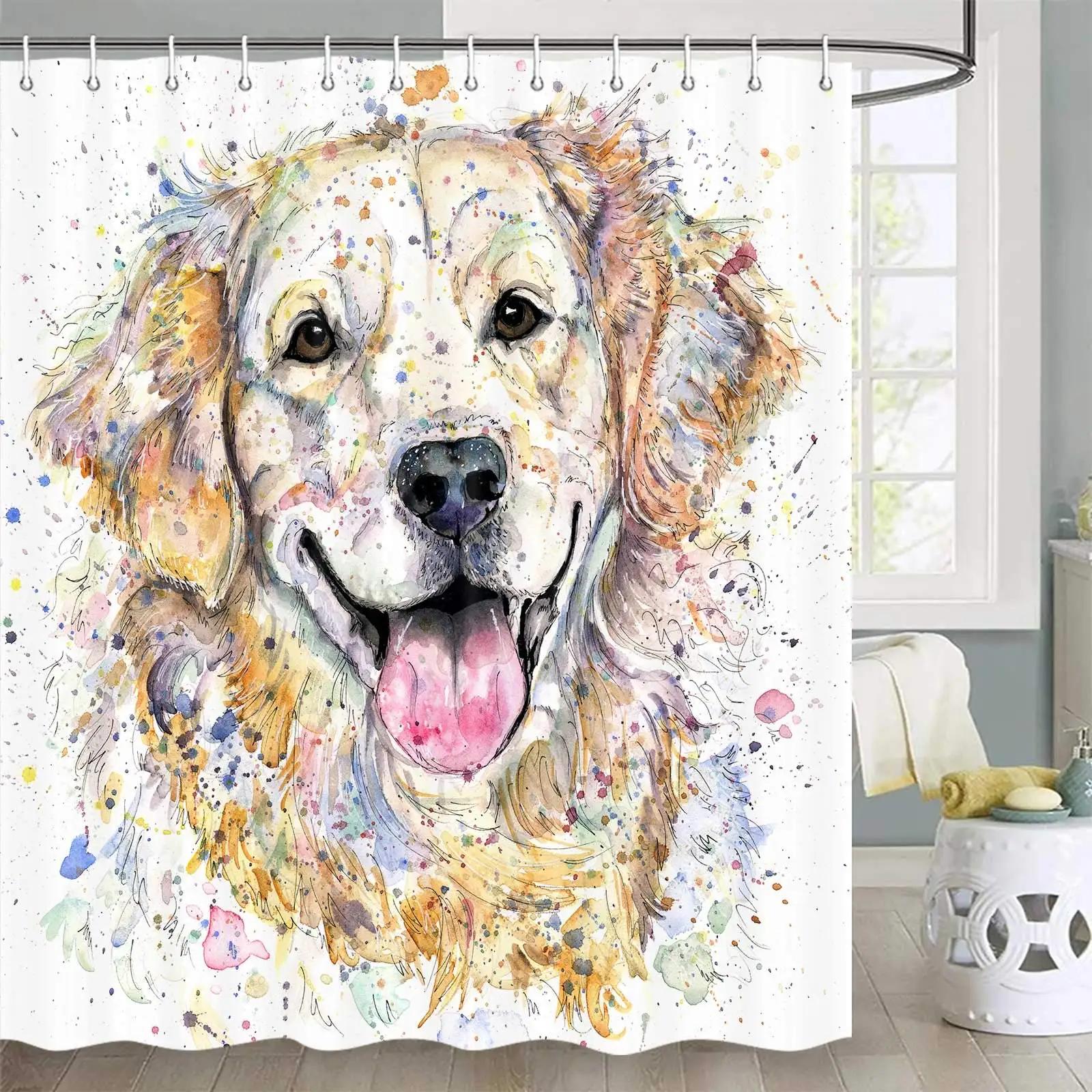 Funny Dog Shower Curtain – Colorful Watercolor Golden Retriever Design, Cute & Humorous Pet Lover Bathroom Decor W90xH180cm