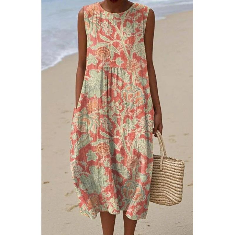 Summer new sleeveless pocket casual printing temperament long dress dress slim dress