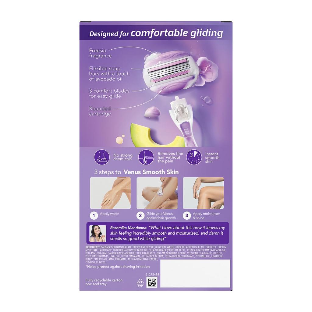 Gillette Venus Comfortglide Hair Removal Razor for Women with Avocado Oils & Body Butter, Freesia Scent, 1 Pc