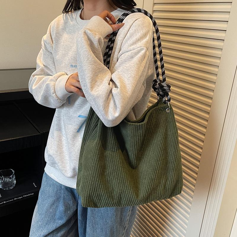 Vintage Large Capacity Corduroy Bag Women's Solid Color Underarm Shoulder Bag
