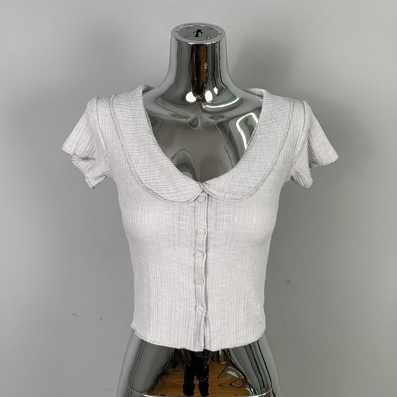 Женская приталенная короткорукавная футболка с воротником из Дондэмуна (Корея) для похудения One Size сине серый