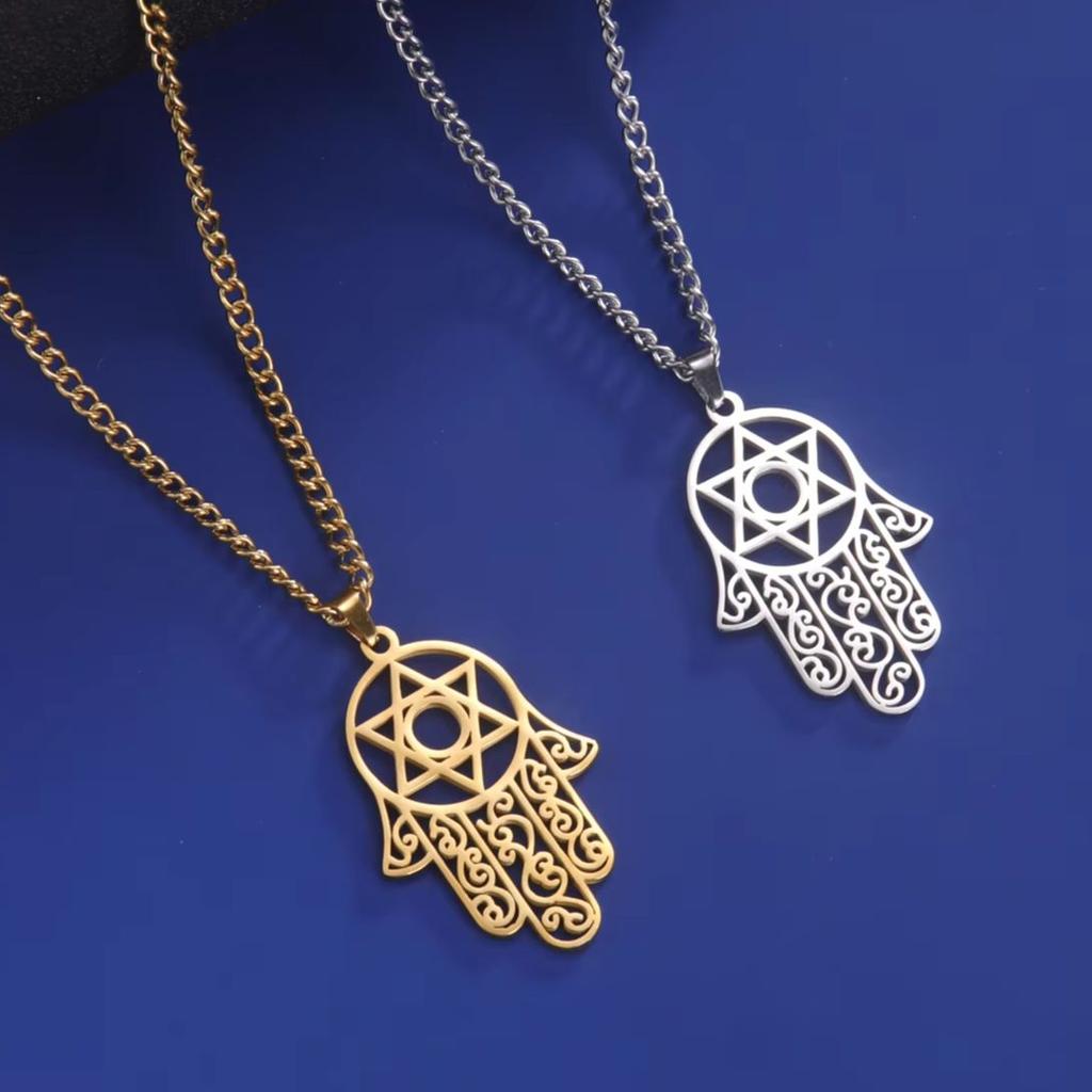 LIKGREAT Hamsa Fatima's Hand Lotus Pendant Necklace Stainless Steel Star of David Hexagram Turkish Evil Eye Choker Jewelry Gifts