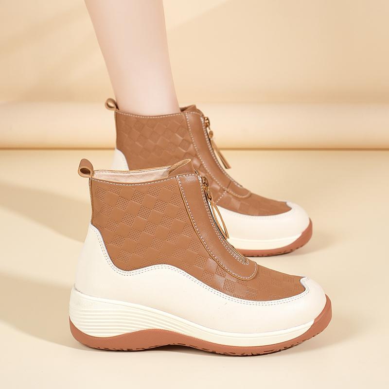 Chaussures de Sport à Plateforme pour Femmes Décontractées Bottines Noires en Cuir Chaussures à Semelle Compensée Baskets Hautes à Hauteur Augmentée