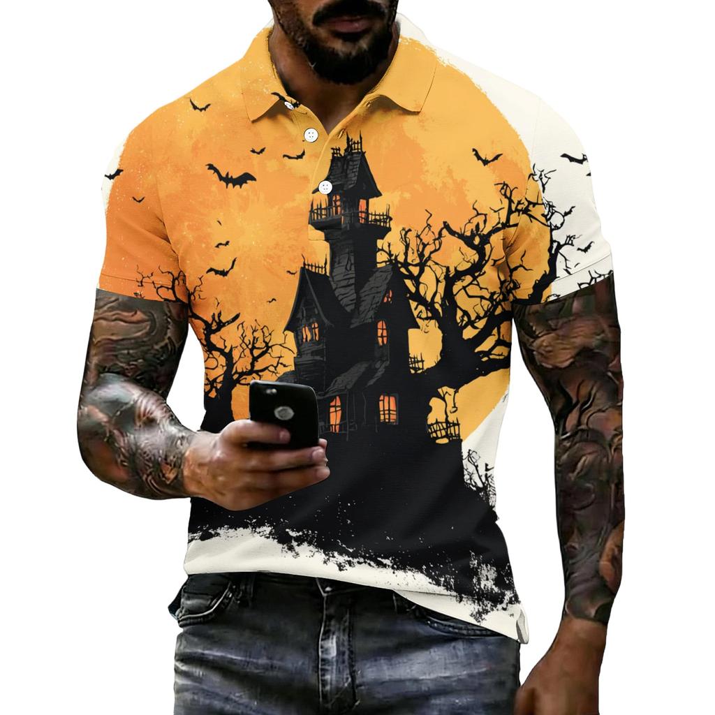 Men's Halloween Print Vintage Texture Short Sleeve Polo Shirt Loose Breathable Summer Sports Street Casual Daily Wear Top