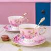 New Chinese-style Coffee Cup and Saucer Set, High-end with Spoon, Bone China, Cute Pink, Afternoon Tea Cups, High-grade Ceramic