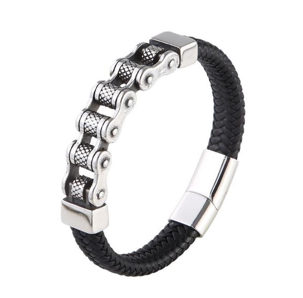 

Punk Men Biker Chain Bracelet Genuine Leather Stainless Steel Magnetic Buckle Gift for Men Pulseras no box&23cm