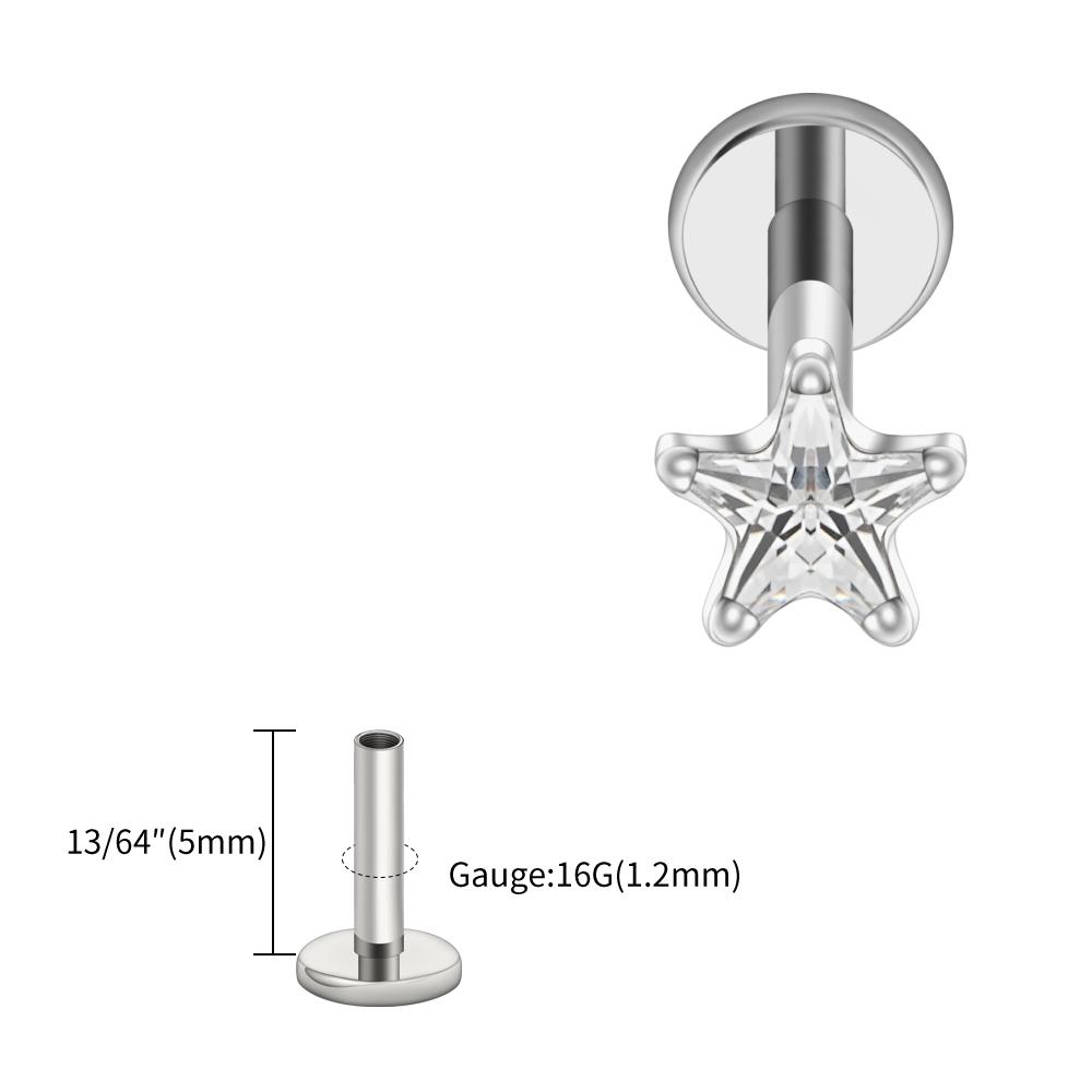 Right Grand ASTM F136 Titanium Star CZ Cartilage Earring 16G Dainty Star Flat Back Stud Tragus Conch Helix Nose Labret Piercing
