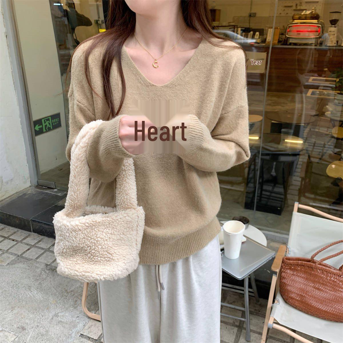 

Women s V-Neck Knitwear: Casual, Versatile, Loose-Fit Autumn/Winter Sweater Medium хакі