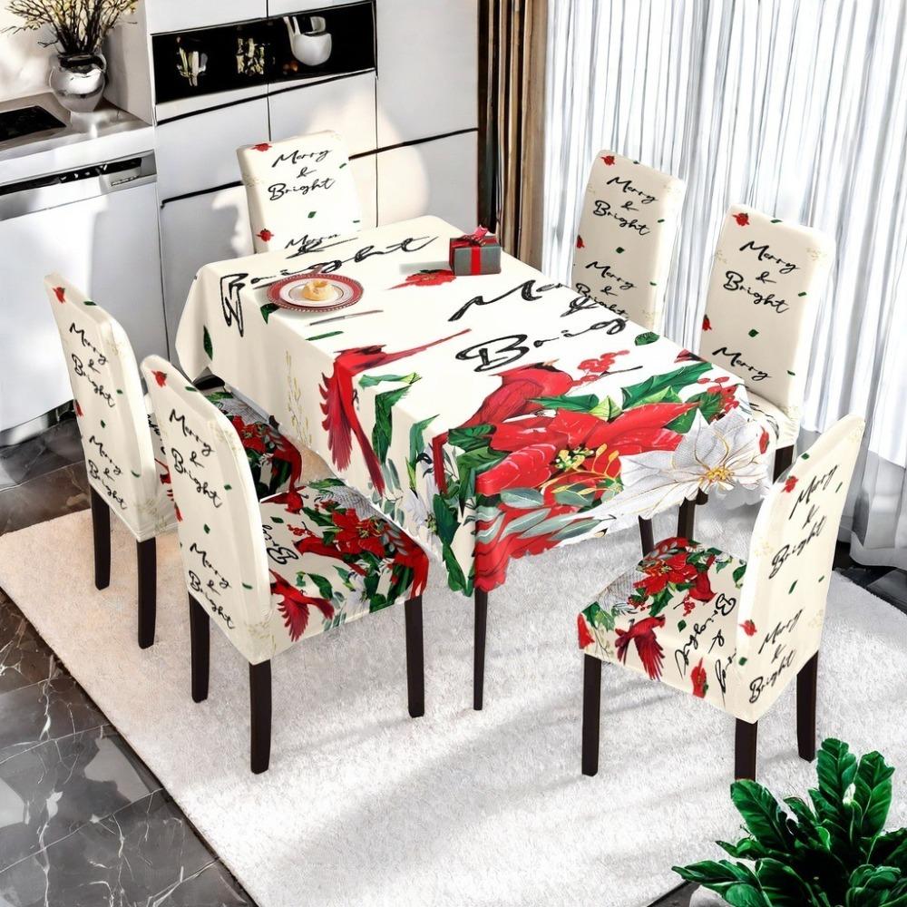 Christmas Waterproof Printed Tablecloth and Chair Covers Set Holiday Dining Decor