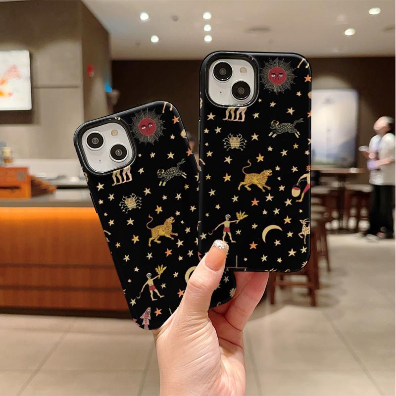 Celestial Zodiac Astrology Gold Stars Pattern Art Film Aesthetic Protective Shockproof Bumper Phone Case Cover For iPhone 14 15 16 Pro Max Plus