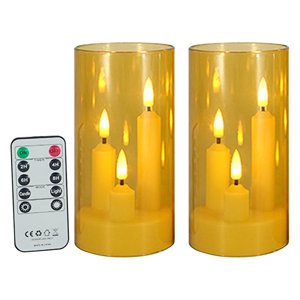 2Pcs LED Electronic Candles Lights with RC Acrylic Glass Candle Light Three-Wick Pillar Candles for Wedding Christmas Room Decor