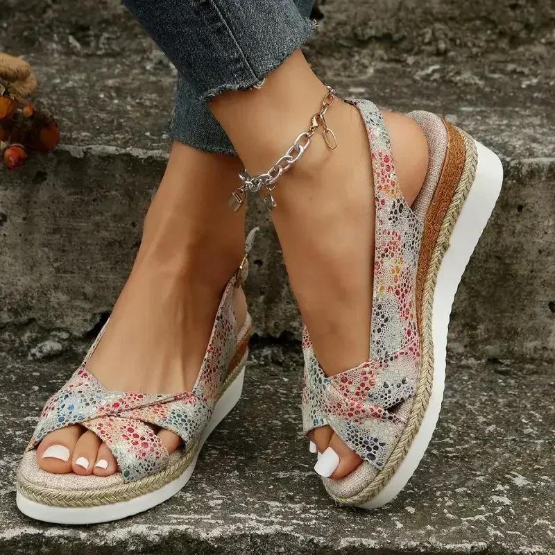 Fashion Wedge Flat Sandals Women Summer Slingbacks Peep Toe Platform Shoes for Women Light Non-slip Comfort Fabric Cushion Beach Sandals
