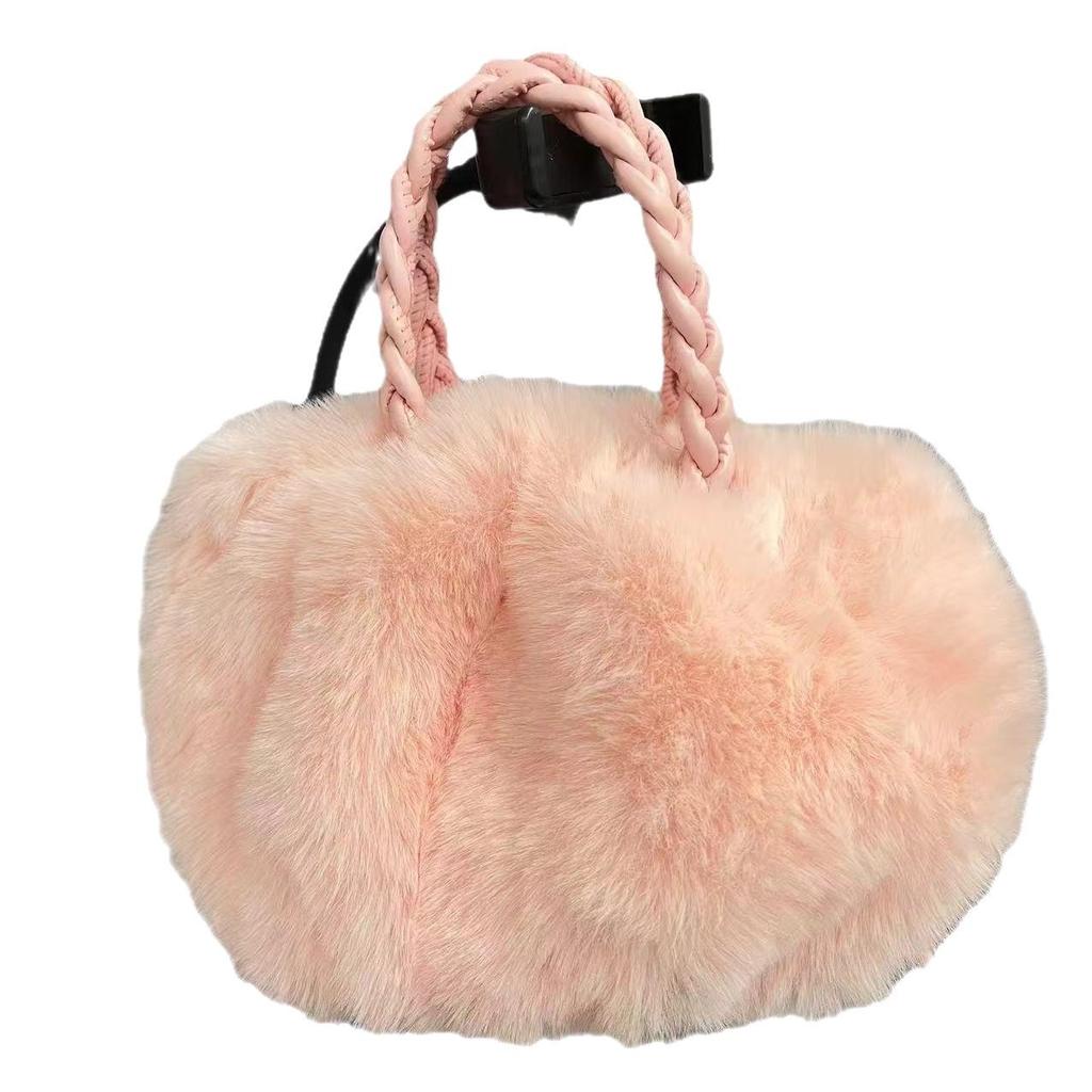 Handheld Fluffy Pumpkin Pleated Cloud Crossbody Bag - Faux Rabbit Fur Plush