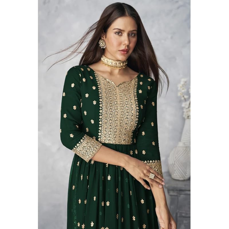 Xomantic Fashion Women's Ethnic Wear Nyra Cut Embroidery Kurti Plazzo and Dupatta (Large, Green)