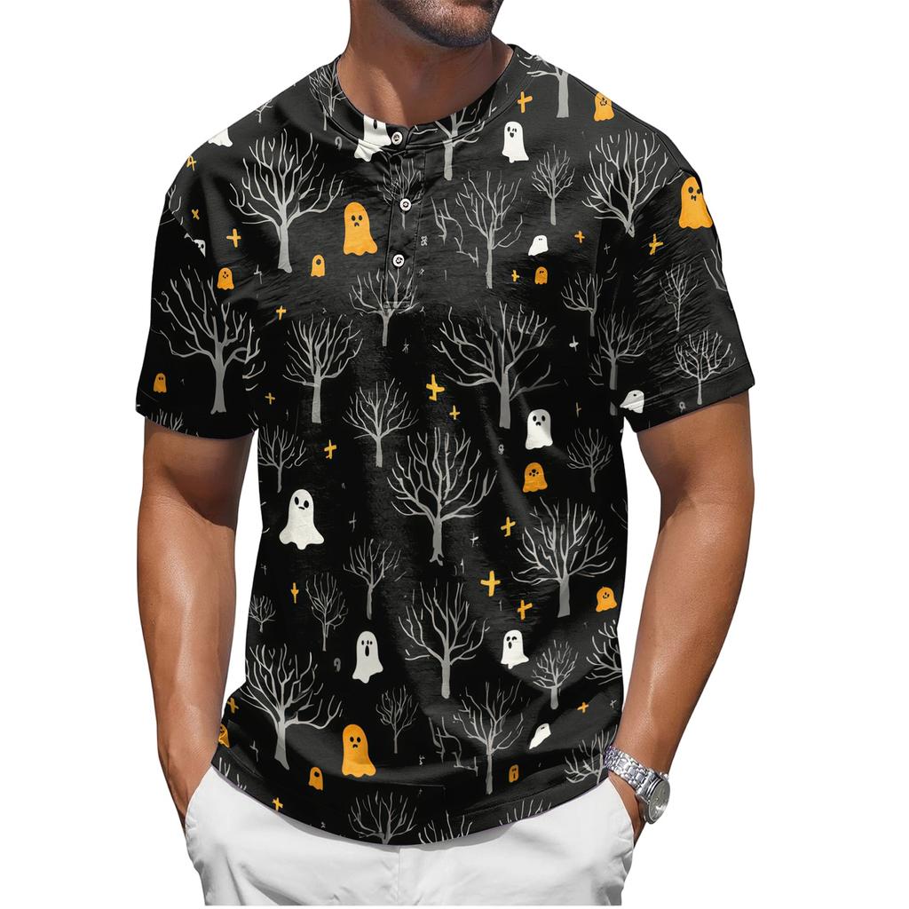 Men's Halloween Print Short Sleeve Henley Shirt Casual Button Up T-Shirt Lightweight Breathable Fabric for Everyday Wear
