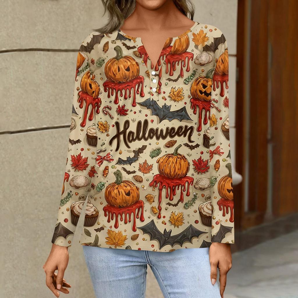 Dámské tričko s potiskem Halloweenu, knoflíky, dlouhý rukáv, denní, víkendová móda, základní, výstřih do V, běžný top