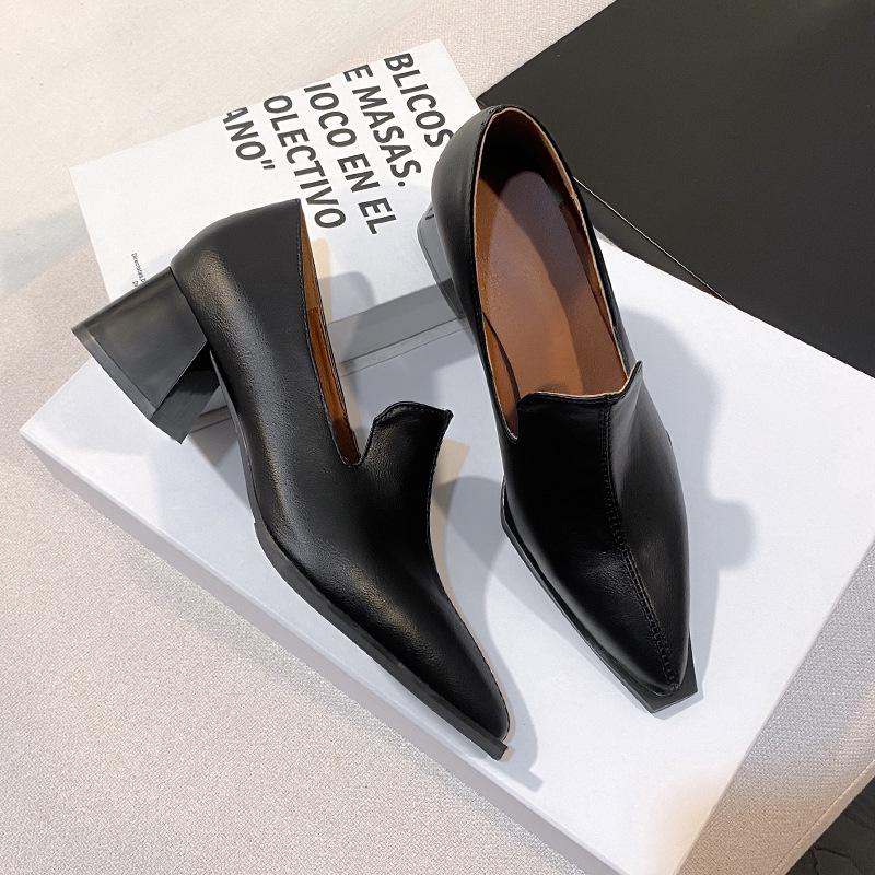 

2025 new black commuter leather shoes women s soft leather high heels pointed thick heels single shoes retro high heels autumn 38