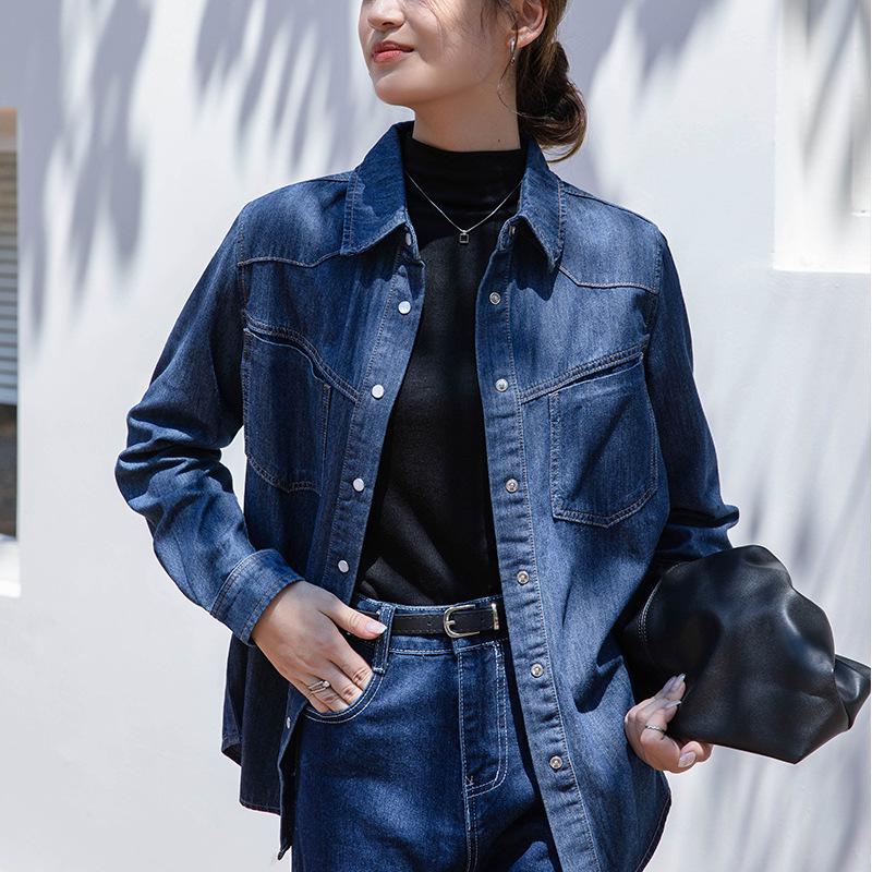 Women's French Retro Blue Denim Shirt - Stylish Layered Autumn/Winter Commuter Top