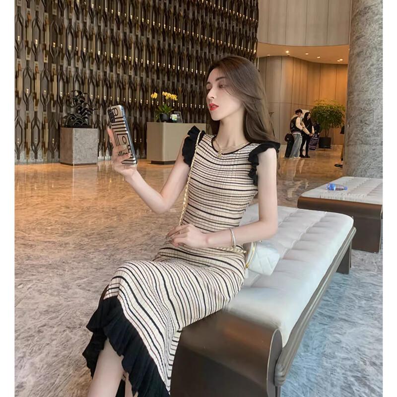 JK&JS Elegant Striped Sleeveless Slimming Midi Dress