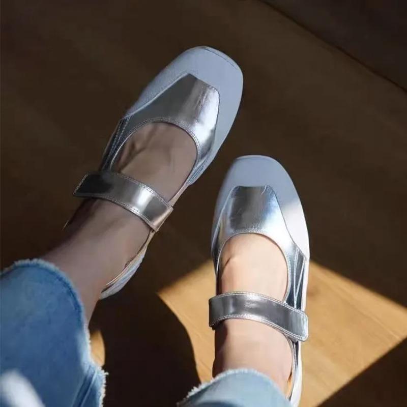 Fashion Shallow Flat Sport Mary Ballet Shoes Women's Vintage French Sport Silver Mary Jane Single Shoes