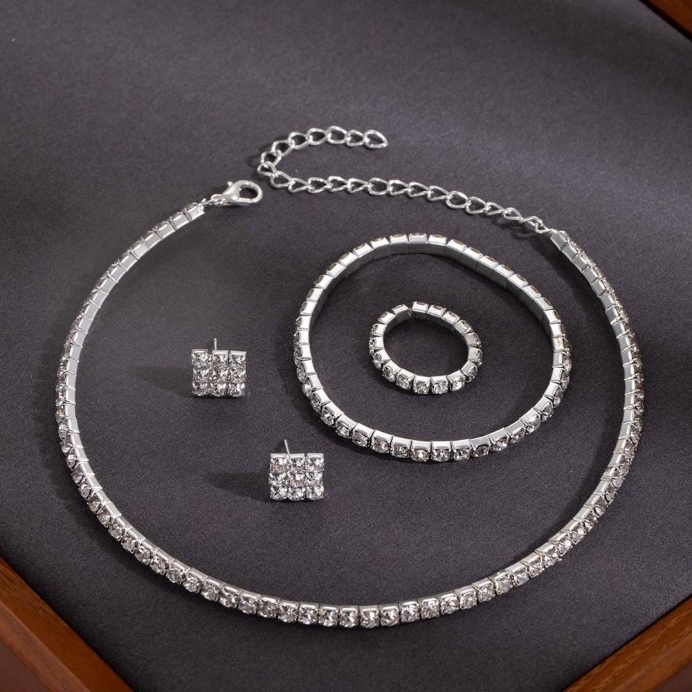 4Pcs Multilayer Necklace Bracelet Earring Ring Set Shiny Rhinestone Choker Bridal Jewelry Set Women