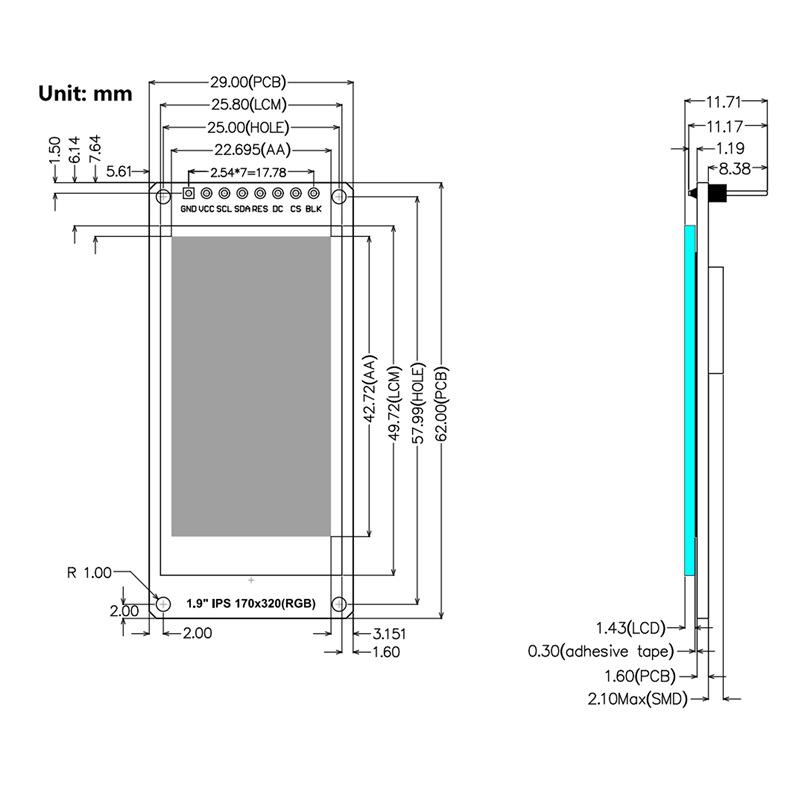1.9-inch IPS TFT Display Module, SPI Serial, 170x320 HD Color Screen