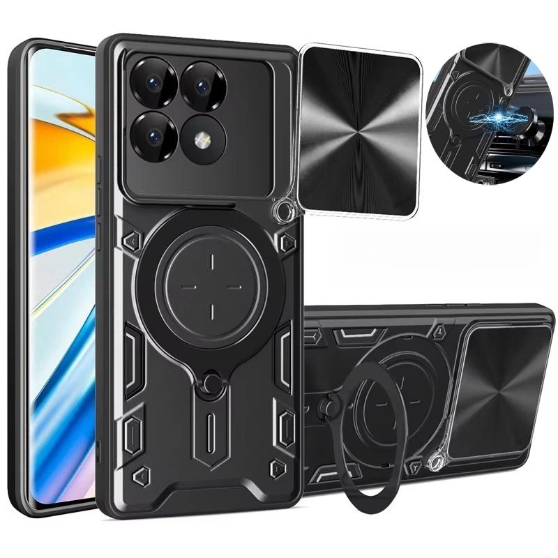 Magnetic Ring Stand Armor Funda for Xiaomi Poco F6 Pro Case Slide Camera Lens Cover for Poxo Poko Little F 6 Pro F6Pro Pocof6 5G
