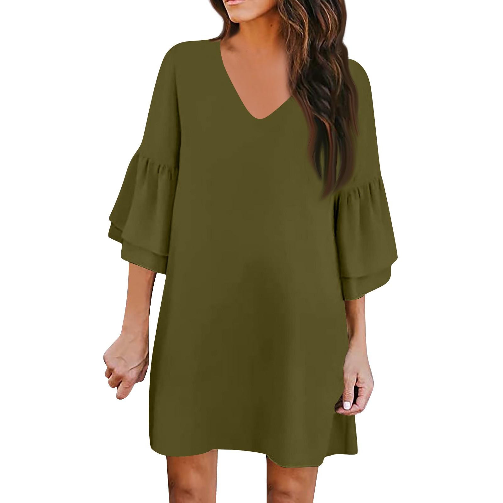 

Женская мода Классические однотонные повседневные платья с v-образным вырезом и расклешенными рукавами L