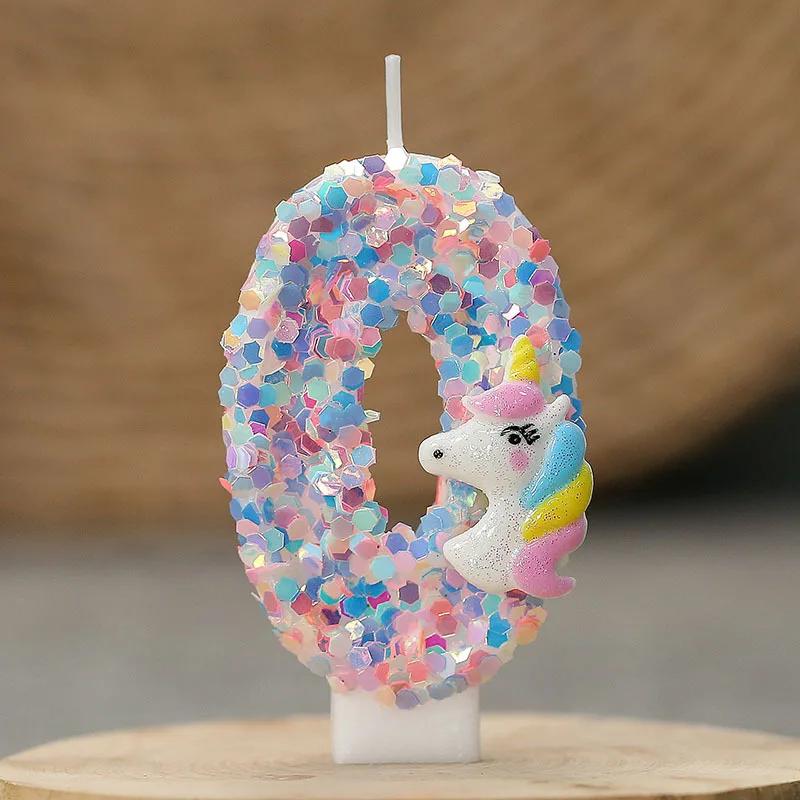 Gradient Pink Unicorn Happy Birthday Candles with 0-9 Number for Cake Decoration Children's Party Favors Cake Toppers DIY