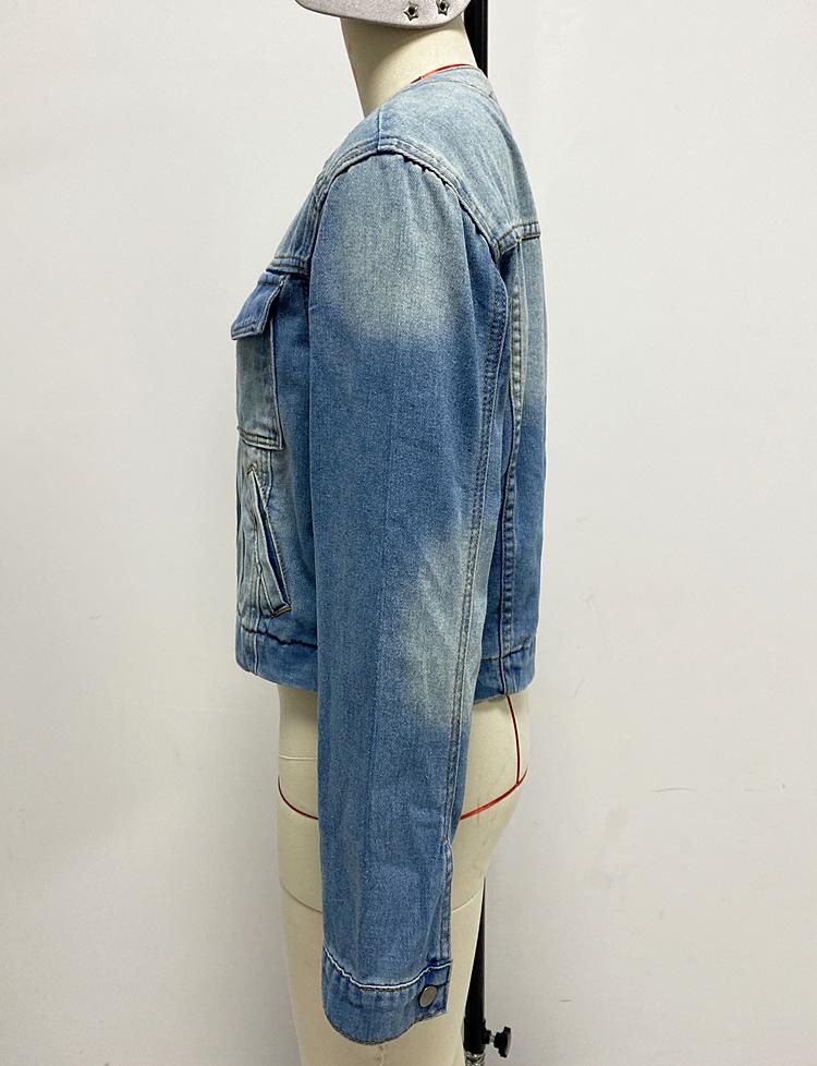 Jachetă de denim retro slim fit fără guler pentru femei, primăvara 2025, cu buzunare