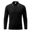 Autumn Mens Solid Long Sleeve Polo Shirt Contrast Striped Lapel Collar Button Placket Breathable Golf Casual Wear Tees
