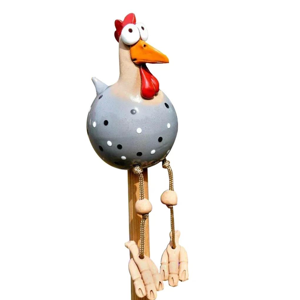 Resin Crafts Statues Funny Big Eyed Chicken Statue Long Foot Hen Sculptures Garden Fence Art Supplies Wooden Stake Decoration