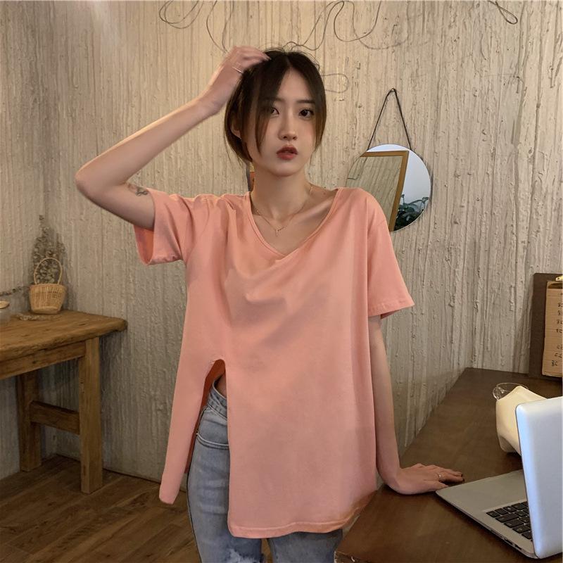 

Women s Summer 2022 V-Neck Slit Tee – Chic, Gentle Style Extra Large рожевий