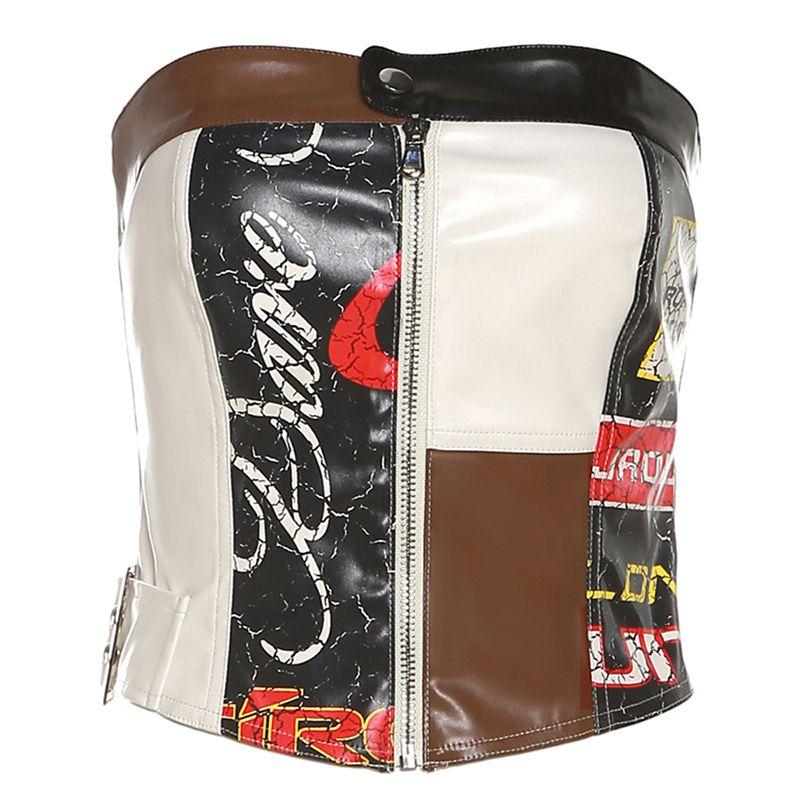 

# Sisjuly# Punk Stylish Asymmetrical Color Block Collage Zipper Slim Fit Slim Looking Easiest for Match PU Leather Tube Top Female Black L