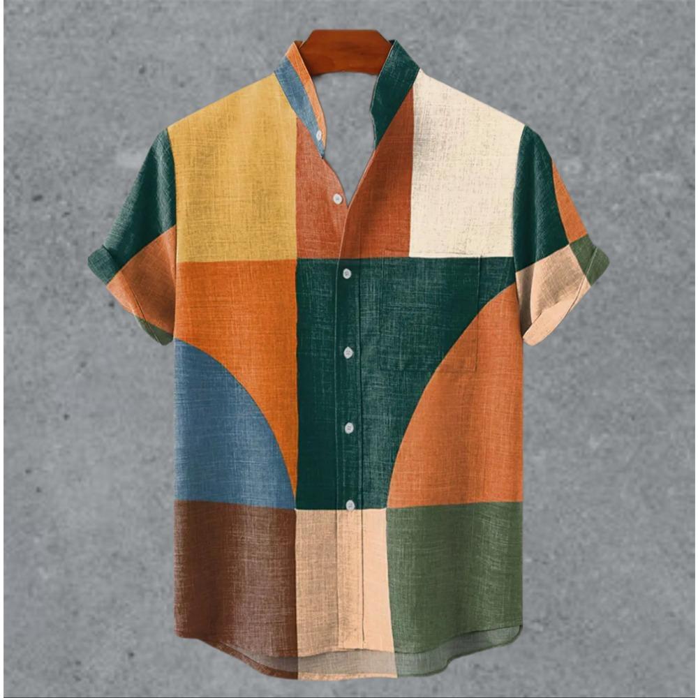 Art retro vintage men's shirt with mottled marks, standing collar printed short sleeved shirt, casual and comfortable top