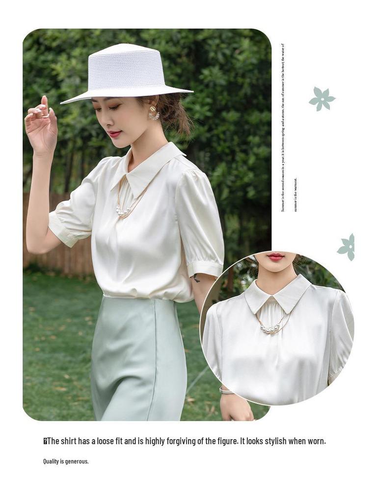 2025 Summer European Women's Silk Lapel Short Sleeve Solid Color T-Shirt