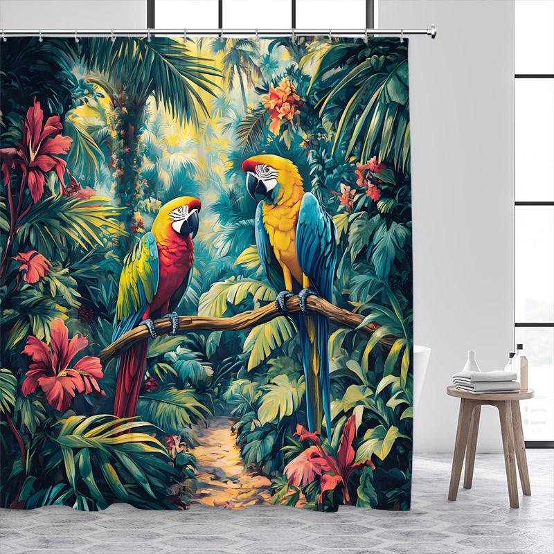 Tropical Jungle Parrot Shower Curtains Green Plant Leaves Flowers Birds Rainforest Scenery Polyester Home Bathroom Curtain Decor