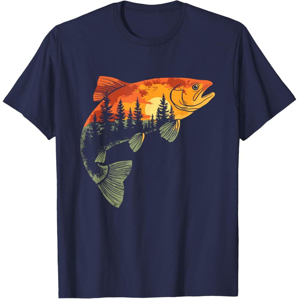 Trout Fishing Sunset Forest Graphic Tee Unisex Breathable Casual Round Neck TShirt