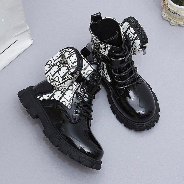 Boys And Girls Side Zipper Round Head Pocket Bag Fashion Boots Flat Bottom Short Casual Martin Boots Parent-Child