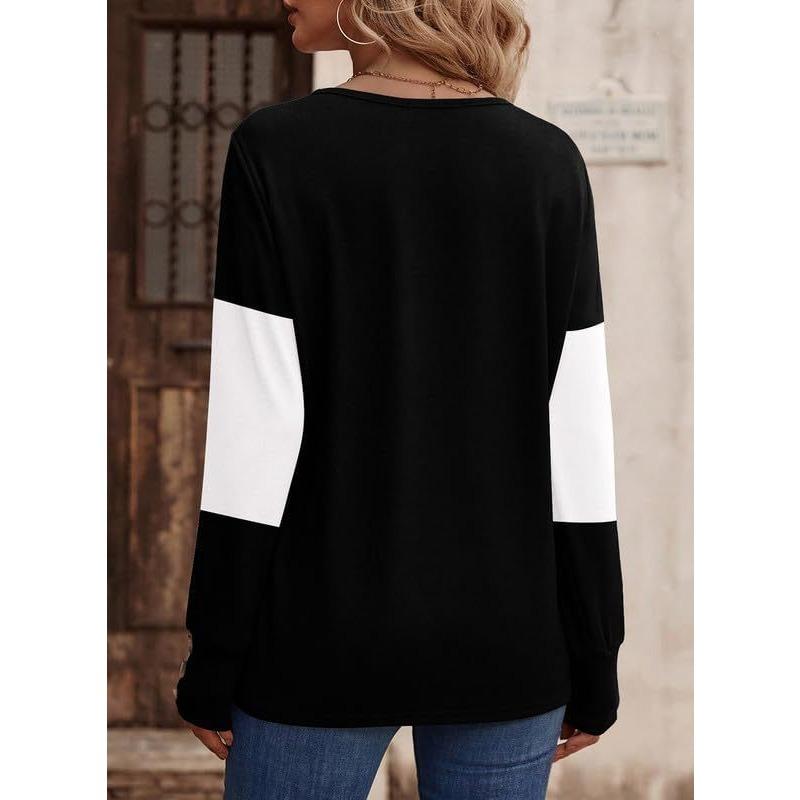 Women's Clashing Ladies Long Sleeve Pullover Women Color Block Splicing Buttoned Pullover Casual V-Neck Tops