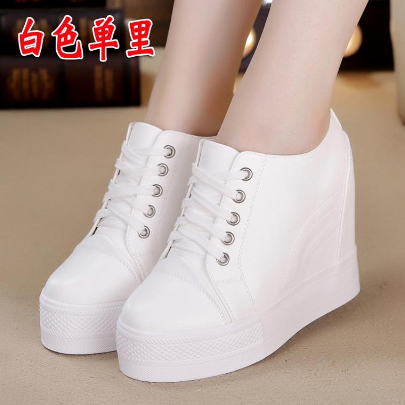 Fashion Women Autumn Leather 11cm Hidden Wedge Sneakers Platform Shoes High Heels Sneakers Female Casual Footwear White Woman Trainers