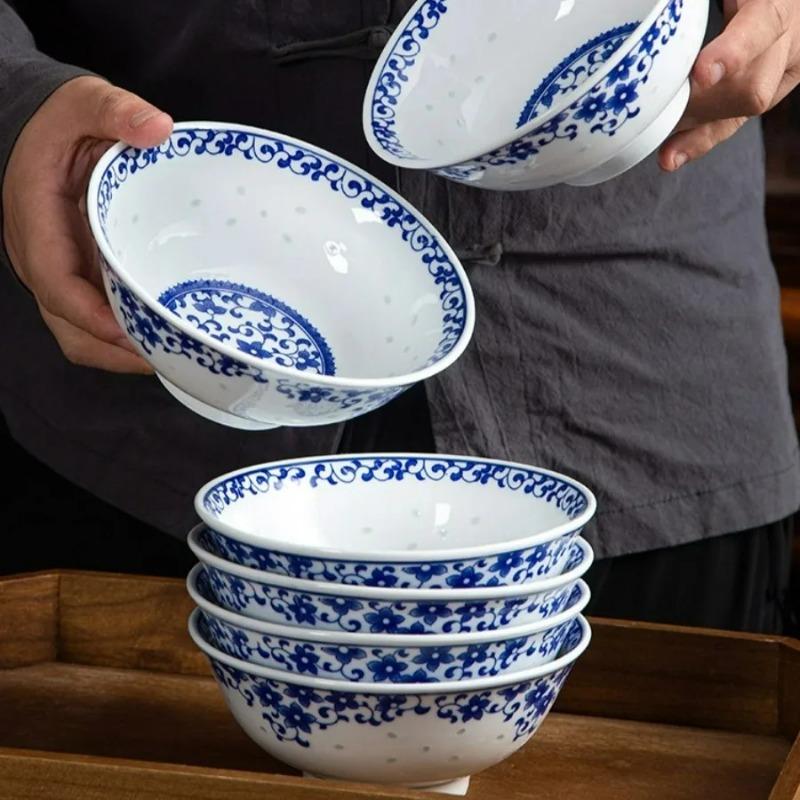 Jingdezhen Ceramic Rice Bowl Blue And White Porcelain Bowl Dinnerware Food Holder Underglaze Luminous Chinese Soup Noodle Bowls