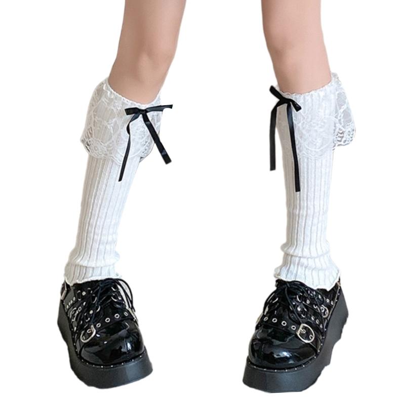 Elegant Ribbed Knit Stretch Leg Warmers Boot Cuffs Ruffled Lace Trim Bowknot Leg Cover Over Calf Long Socks for Women