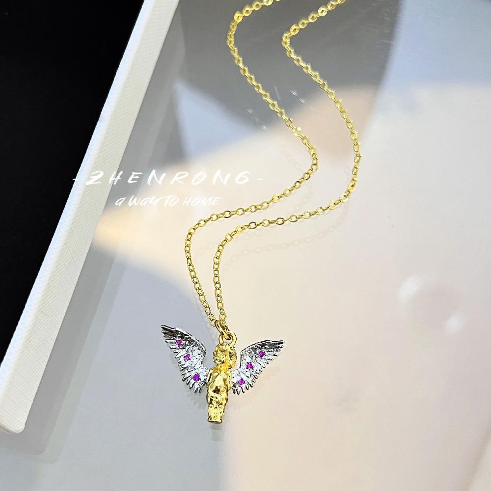 

Vintage Kissing Angel Necklace 3D Design with Red Ruby Bow Angel Wings for Women