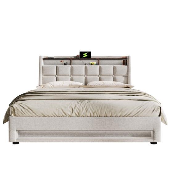 Upholstered Bed with USB 180x200cm, LED Double Bed with Slatted Metal Frame, Bed Frame Made of Linen Material Youth Bed (without Mattress)